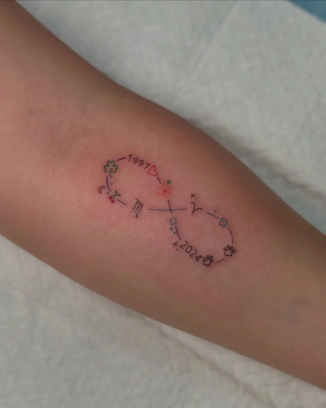 Colorful infinity tattoo with personal years