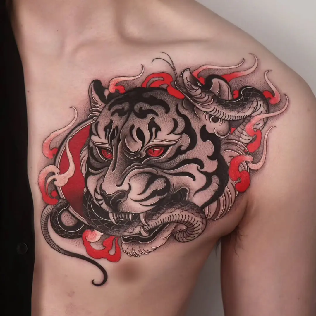 Stunning tiger tattoo with dark, bold colors