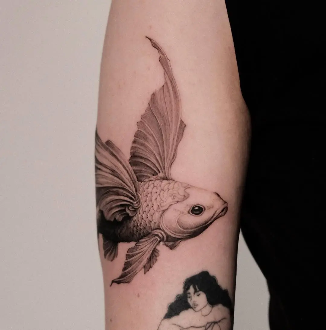 Elegant black and white koi fish tattoo design