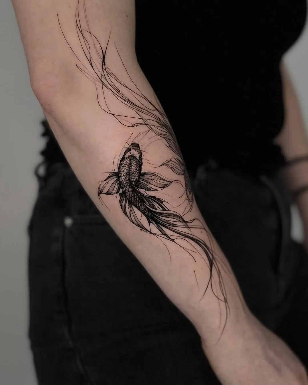 Elegant black line koi fish tattoo design