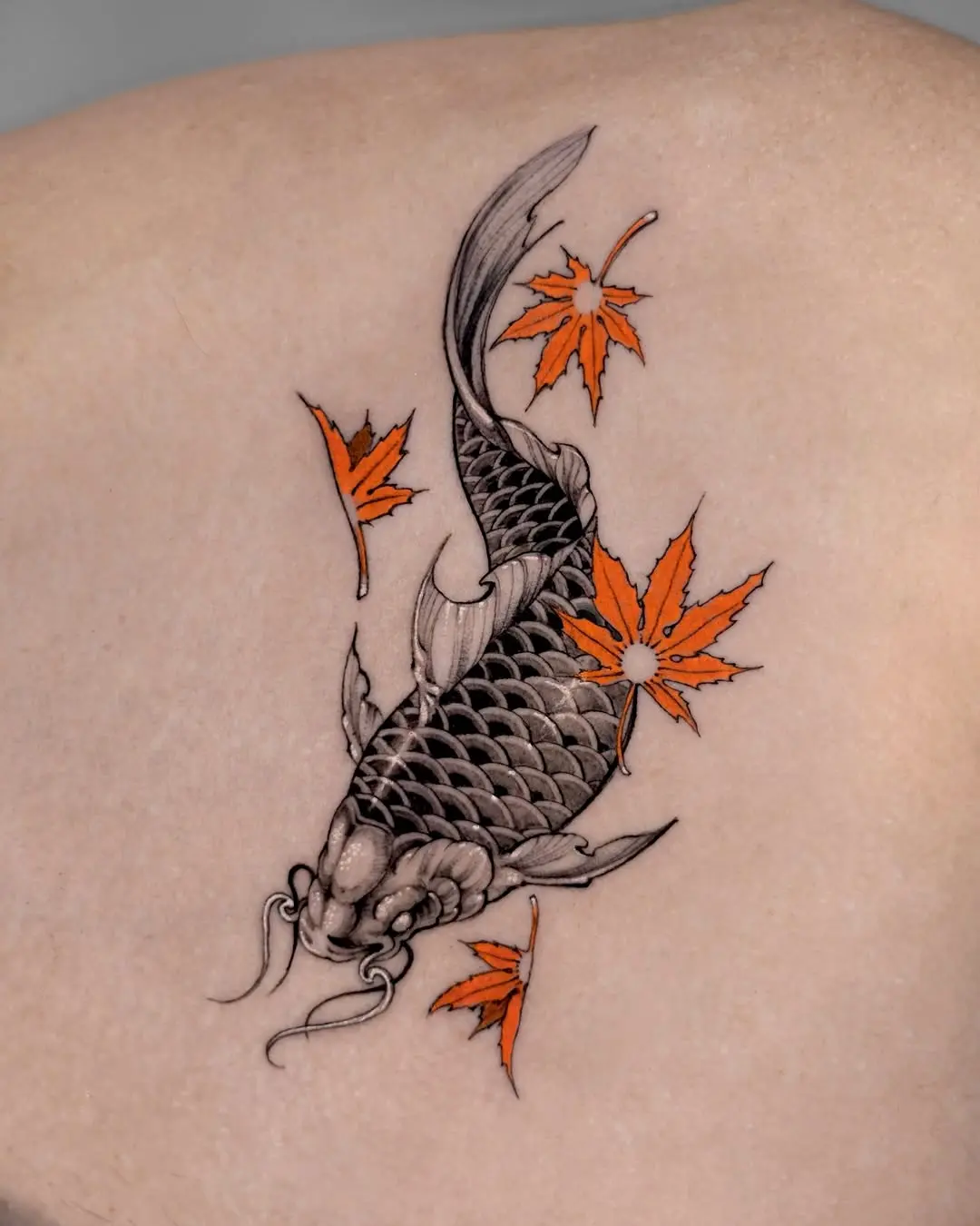 Elegant koi fish tattoo with autumn leaves