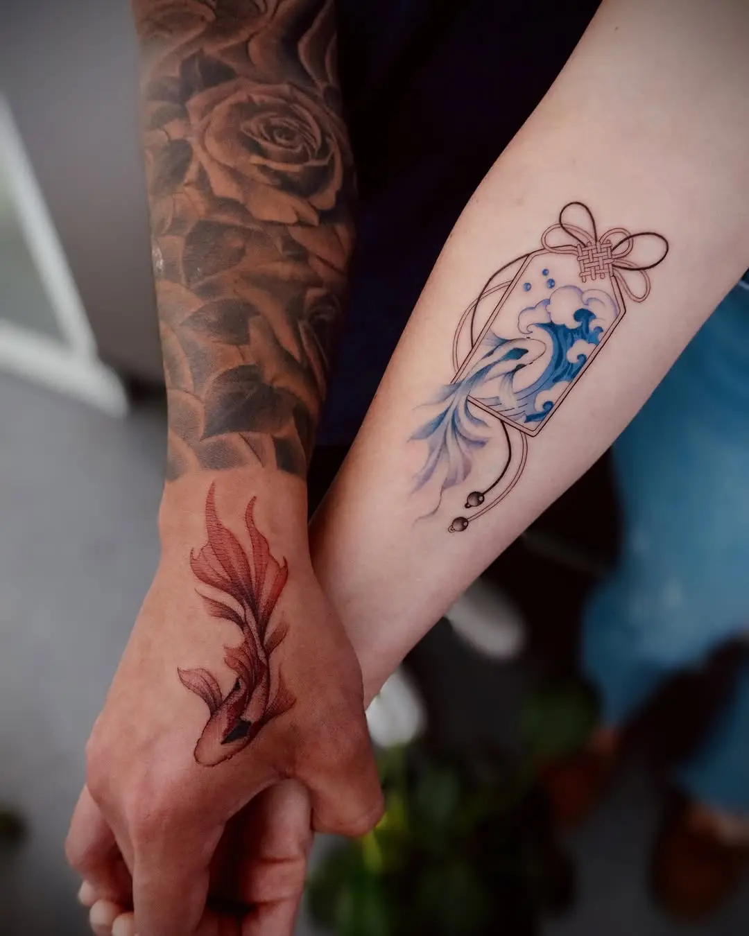Vibrant koi fish tattoos showcasing dual styles