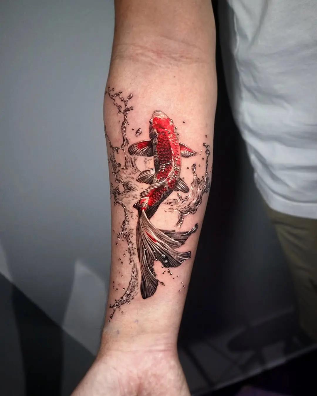 Vibrant red koi fish swimming with elegance