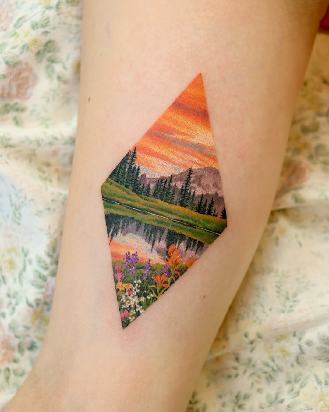 Vibrant Mountain Reflection Landscape Tattoo