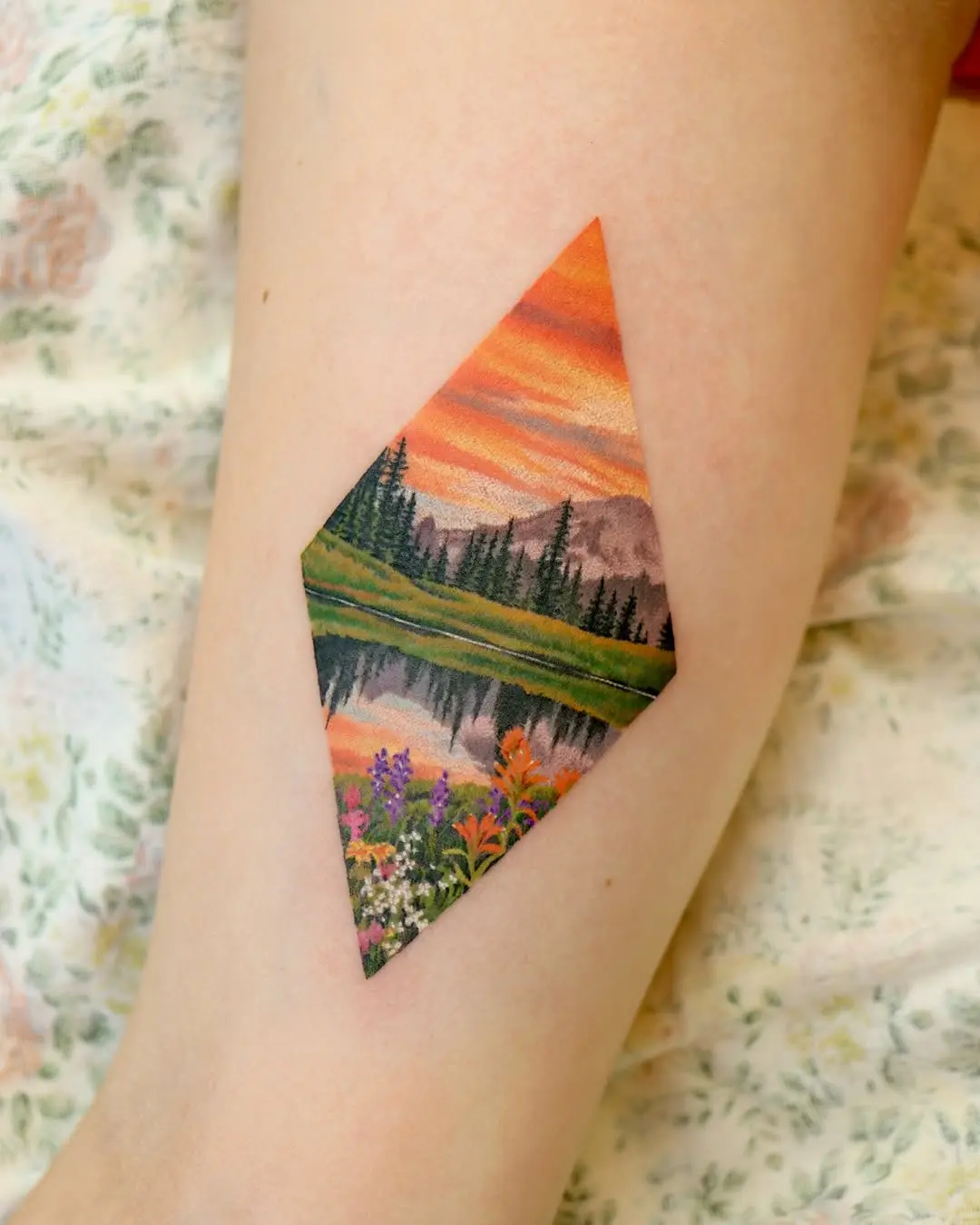 Vibrant Mountain Reflection Landscape Tattoo