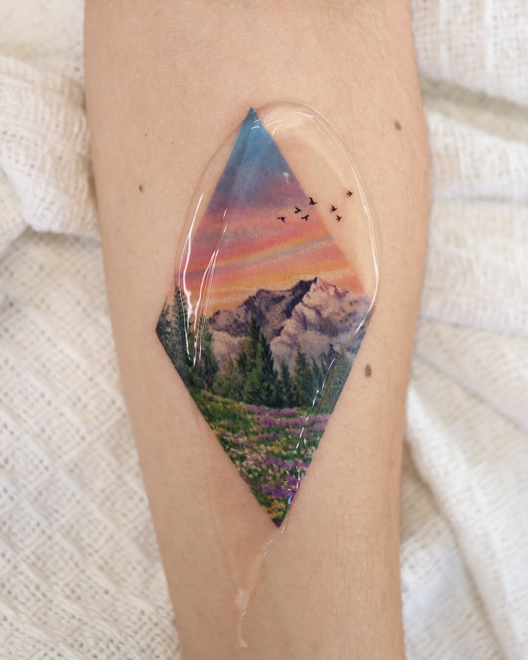 Vibrant landscape tattoo with geometric framing