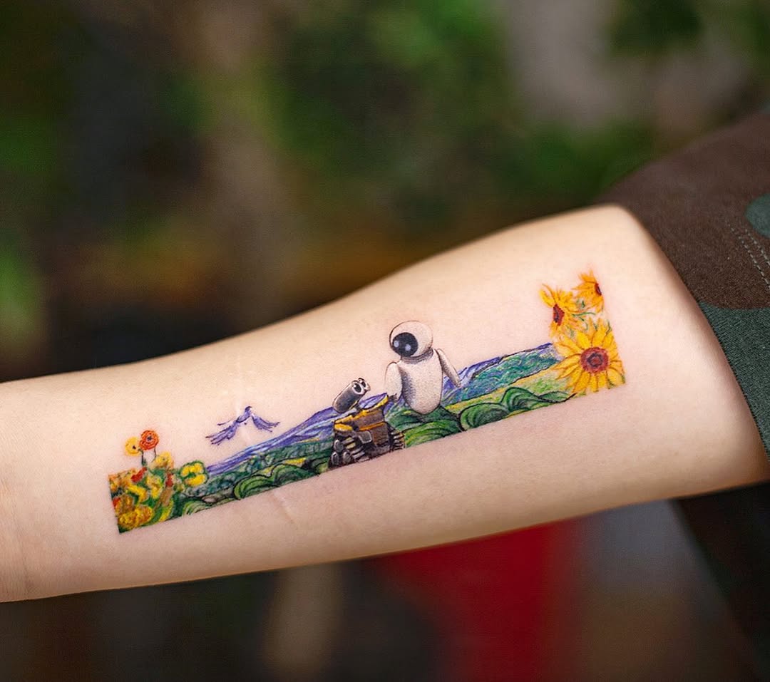 Charming landscape tattoo featuring iconic characters