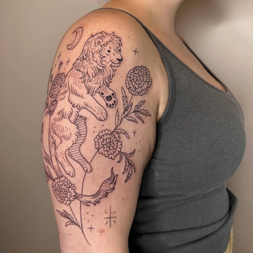 Intricate lion surrounded by floral elements