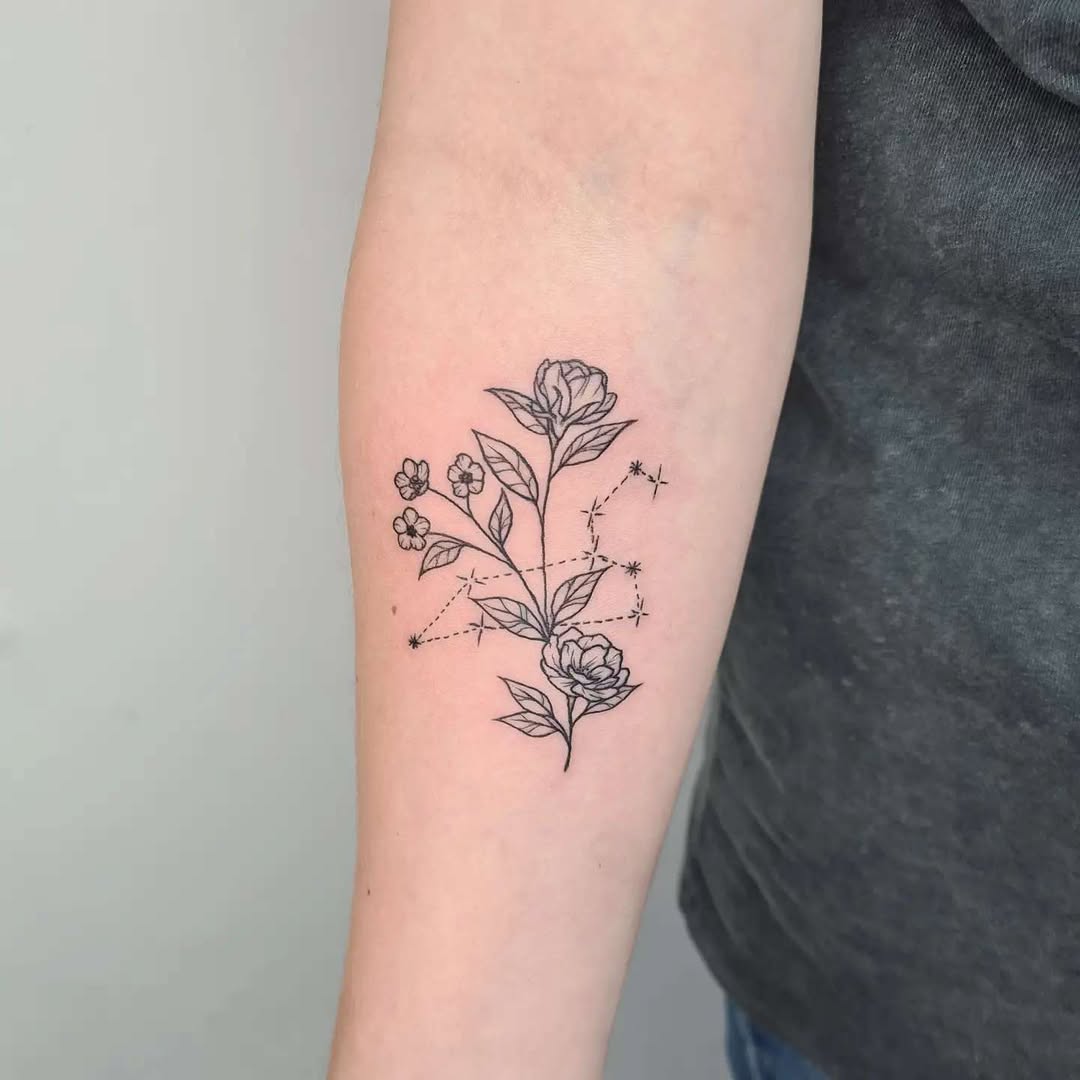 Elegant Leo Tattoo with Floral and Star Elements