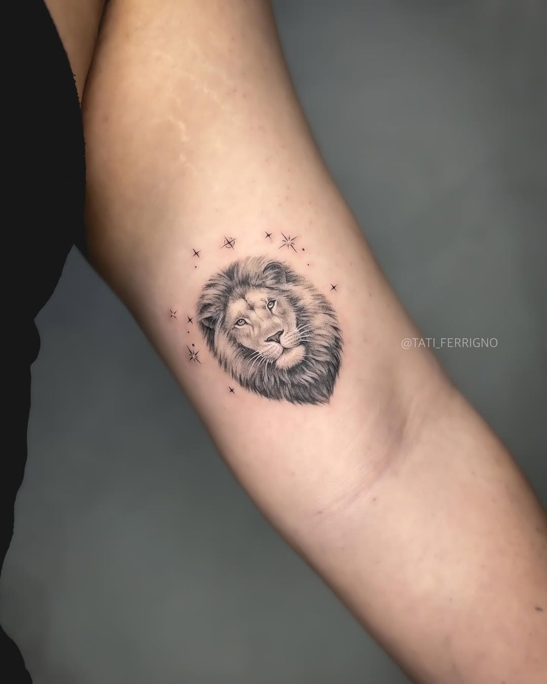 Majestic lion tattoo with celestial accents