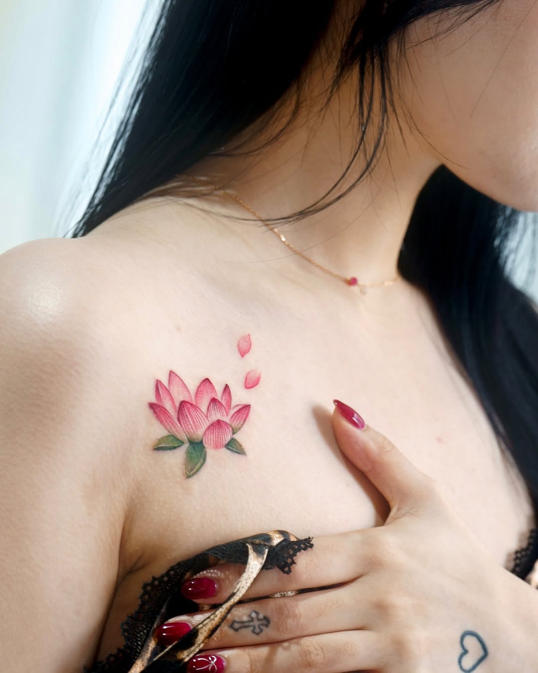 Delicate Pink Lotus Tattoo on Shoulder