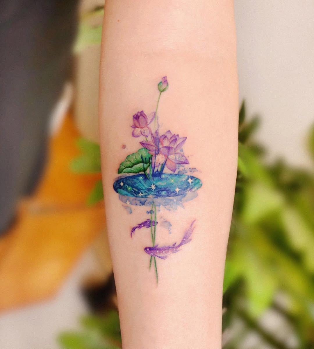 Colorful Lotus Tattoo with Elegant Floral Vibes