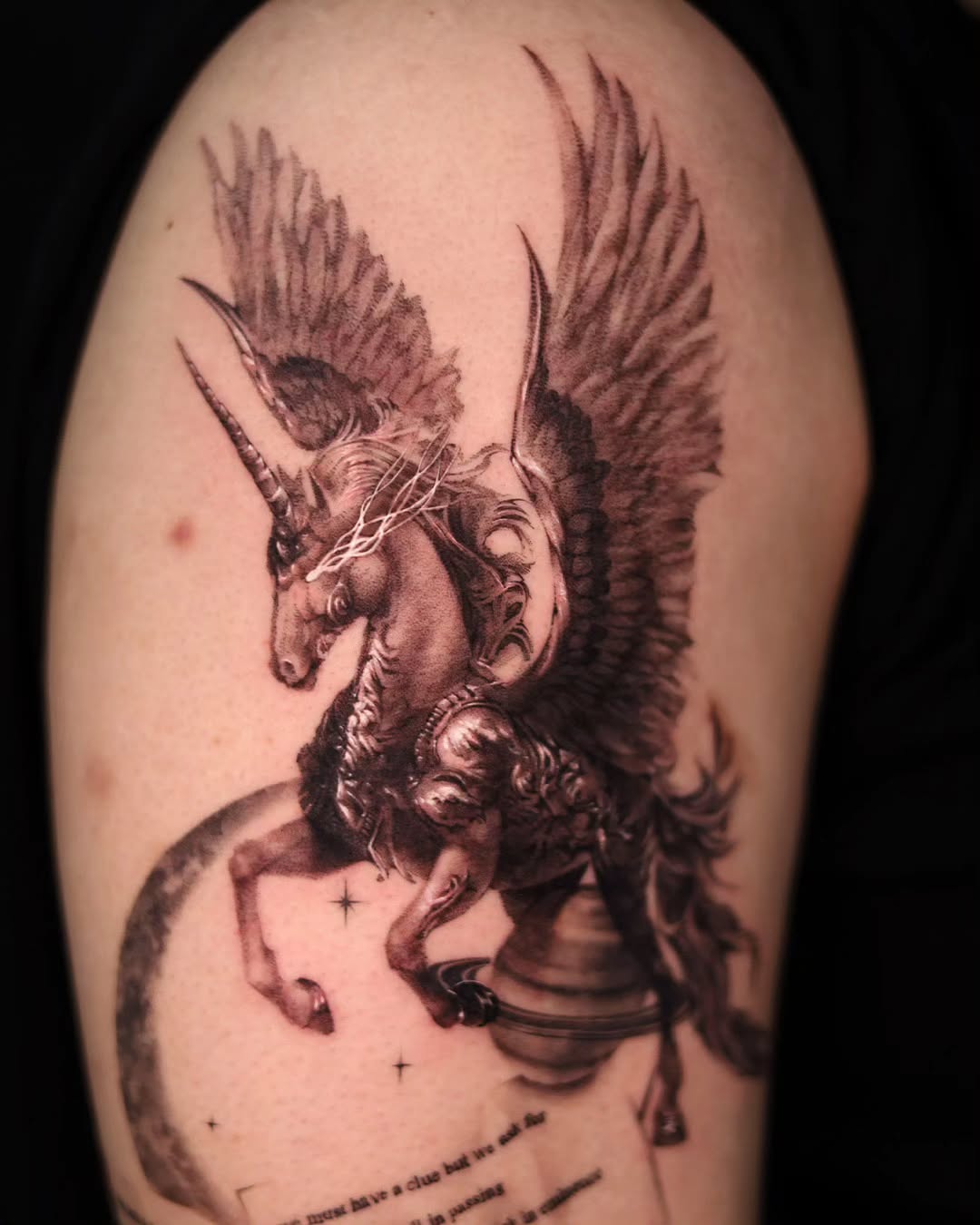 A stunning unicorn tattoo with wings design