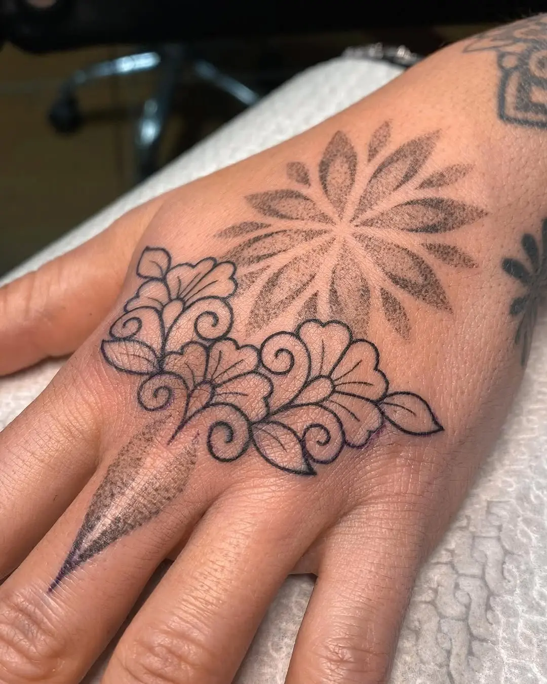 Intricate floral mandala hand tattoo design