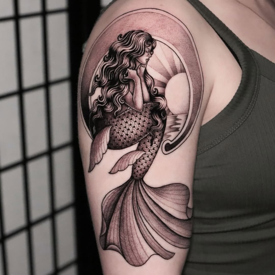 Enchanting Mermaid Tattoo with Dramatic Sunset