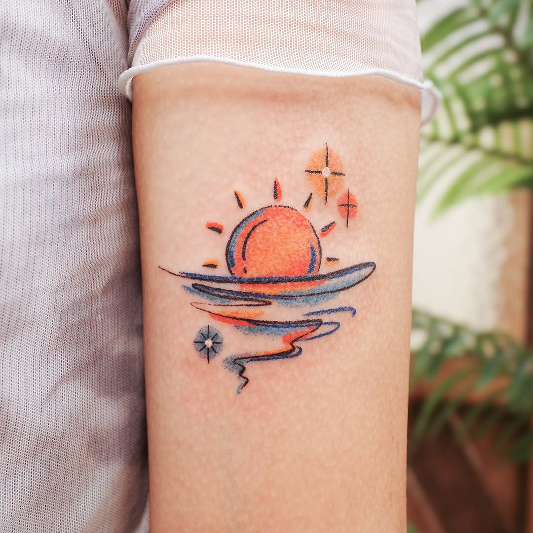 Radiant minimalist sun tattoo with gentle waves