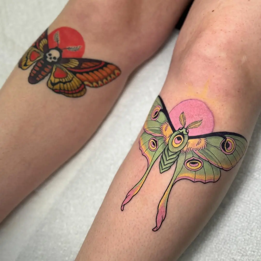Vibrant moth tattoos with playful skull motifs