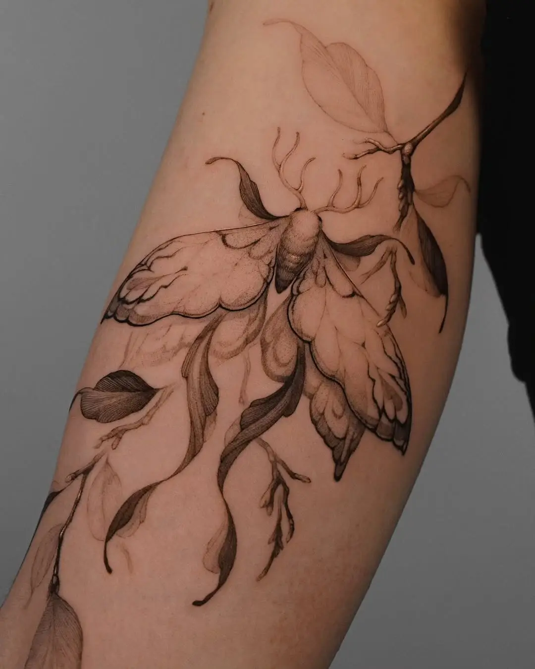 Elegant moth tattoo with floral elements