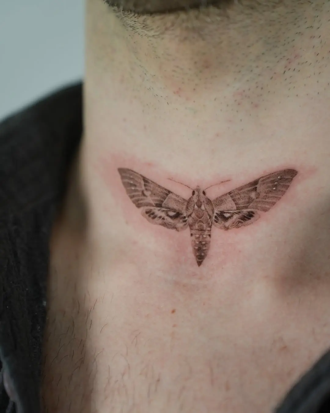 Realistic moth tattoo on neck style