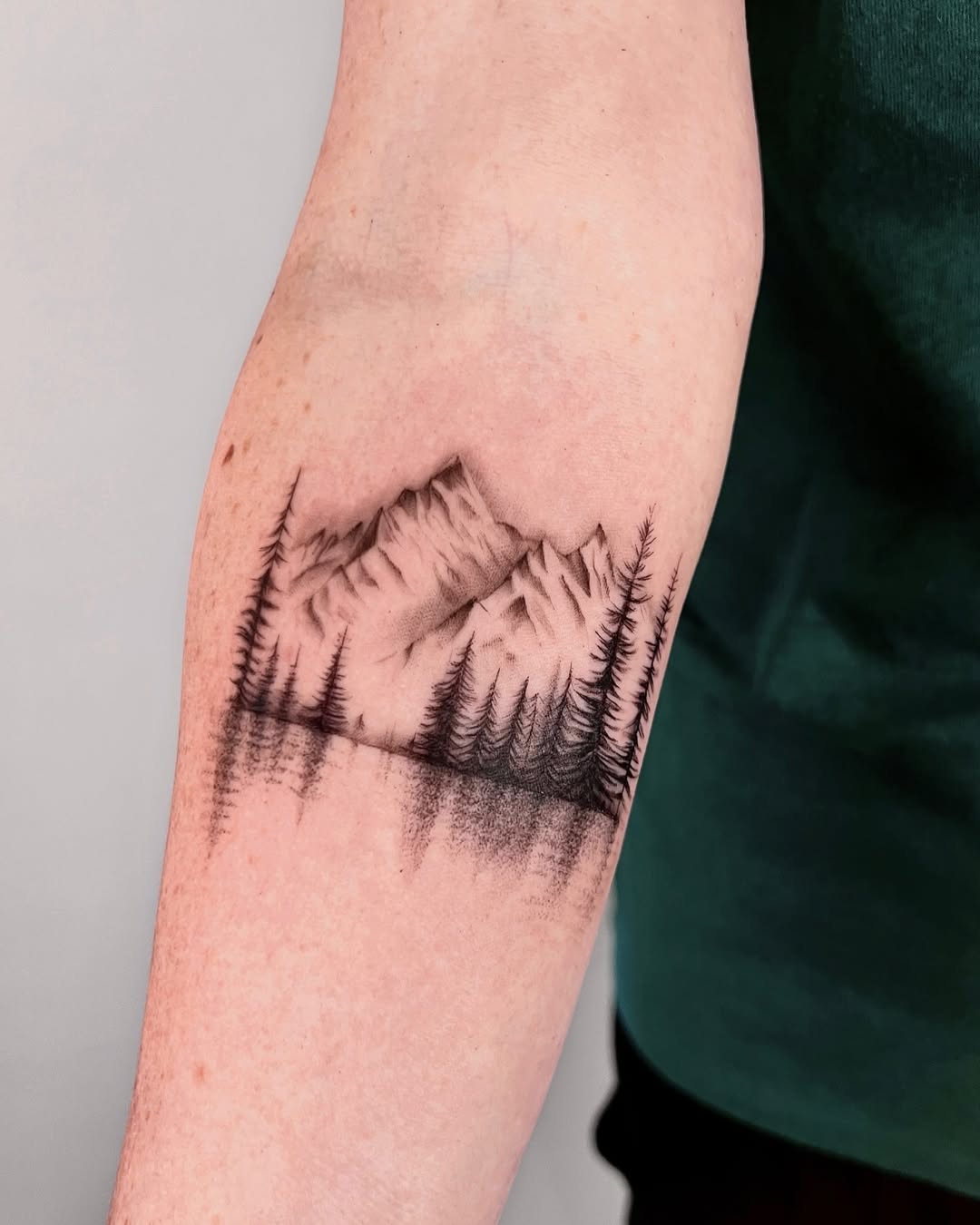 Stunning mountain landscape tattoo on forearm