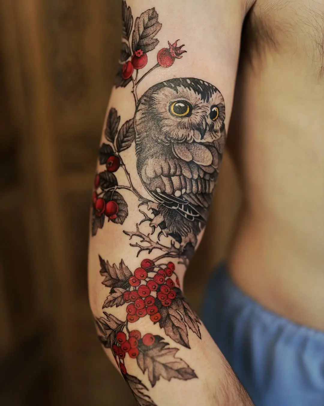 A captivating owl tattoo with intricate details