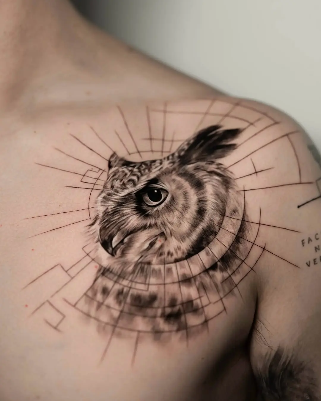 Intricate owl tattoo with geometric details