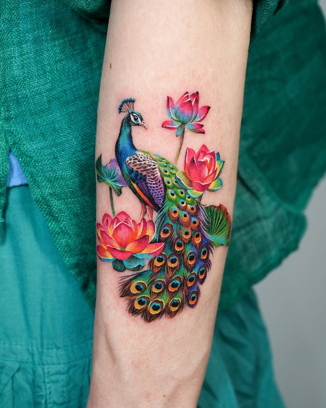 Stunning peacock surrounded by lotus flowers