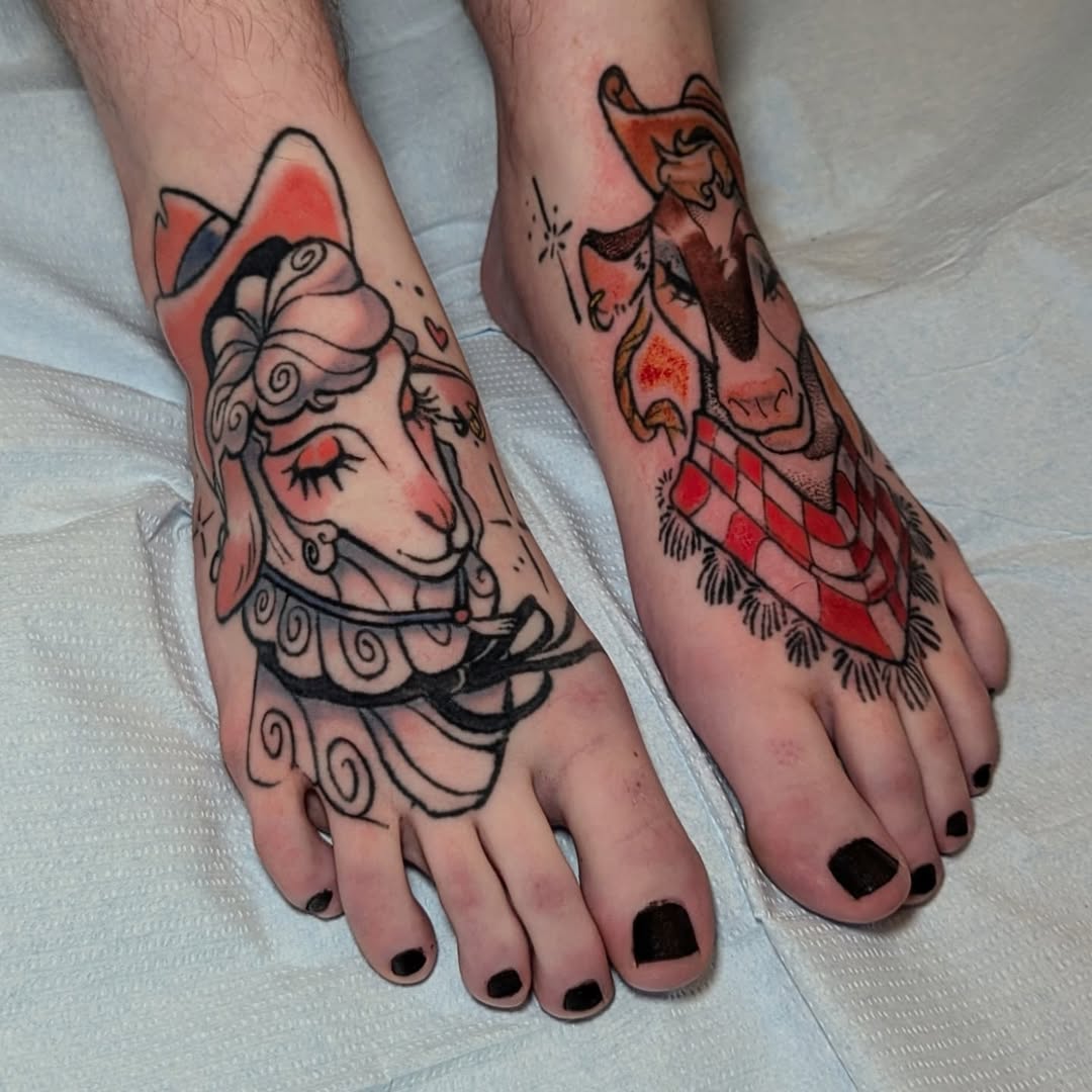 Whimsical foot tattoos featuring a sheep and cowgirl