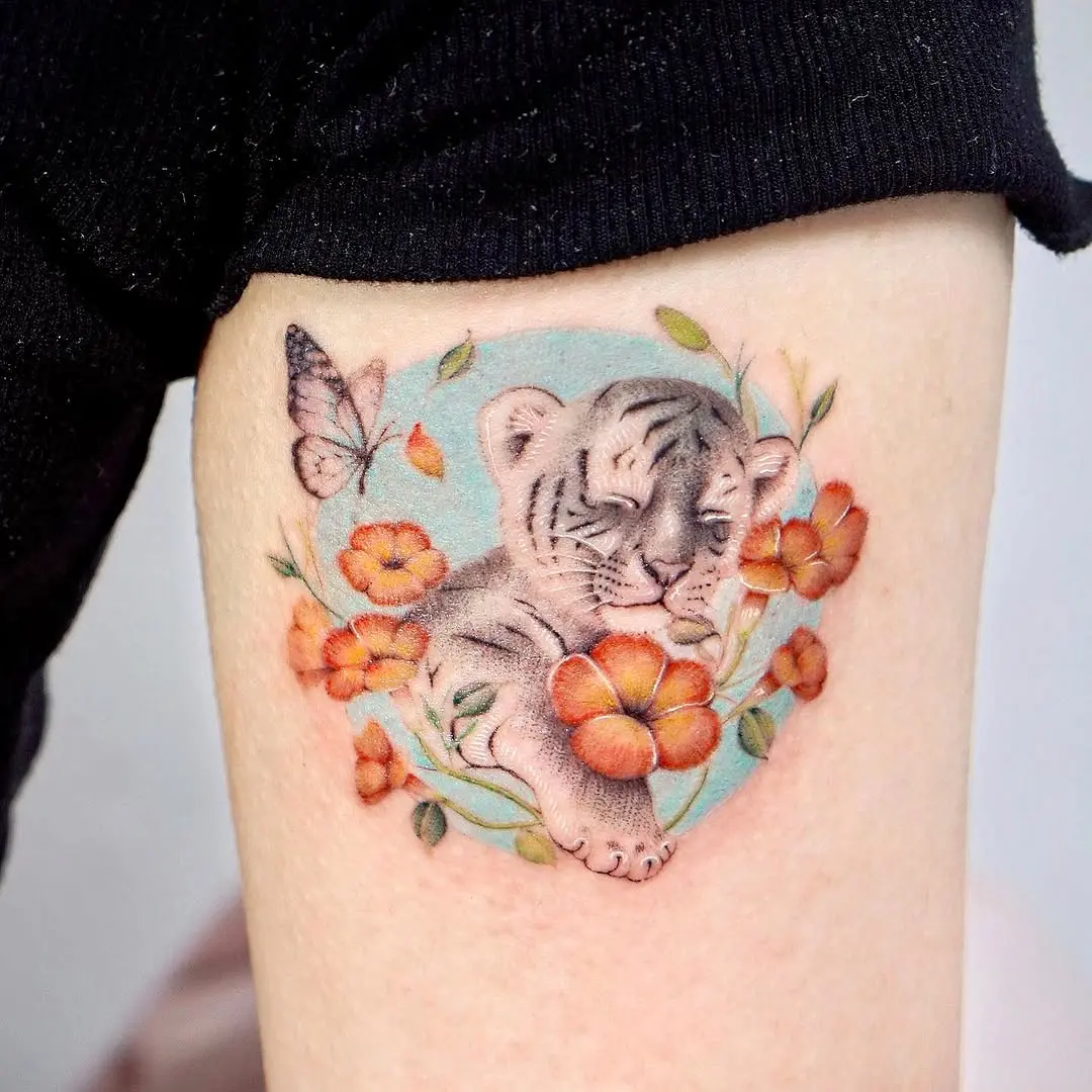 Charming tiger surrounded by flowers and butterfly