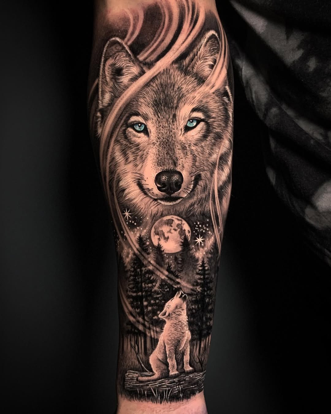 Stunning wolf tattoo with mesmerizing blue eyes