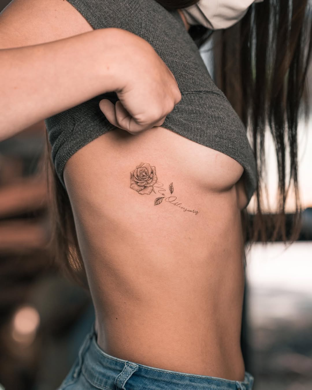 Feminine Rose Tattoo on Side Body