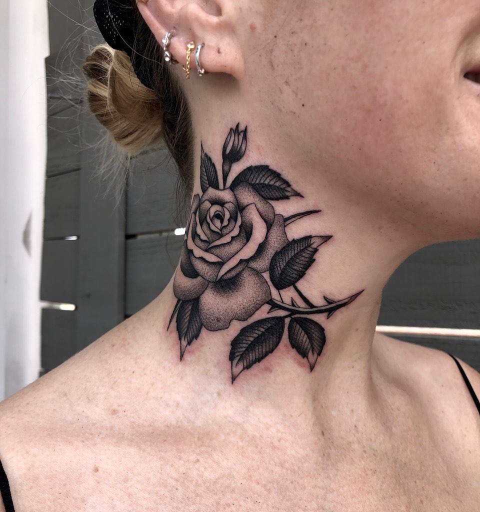 Elegant neck rose tattoo with intricate shading