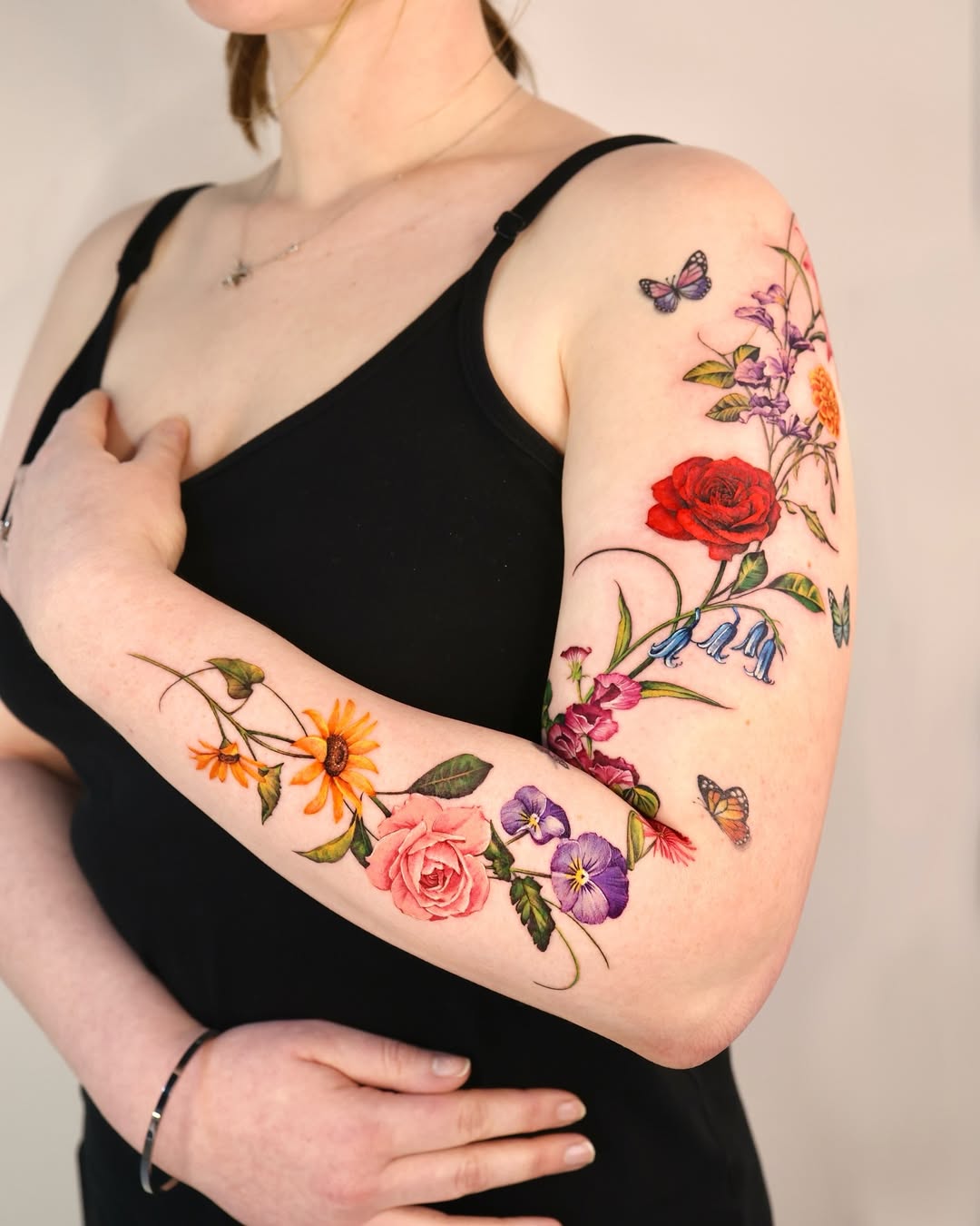 Stunning Floral Rose Tattoo Sleeve Design