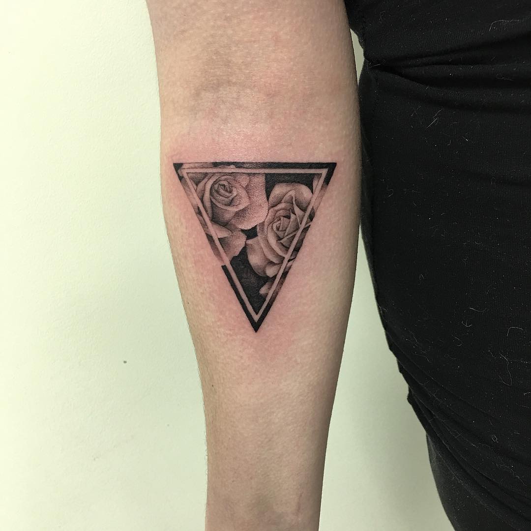 Stylish triangle design with roses tattoo