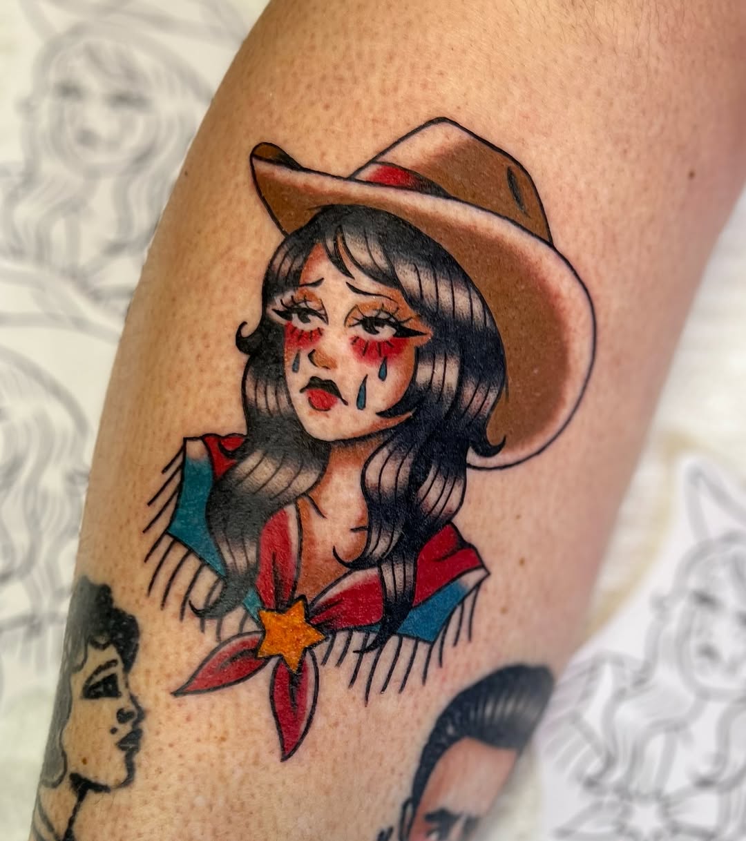 Melancholic cowgirl tattoo with vivid details