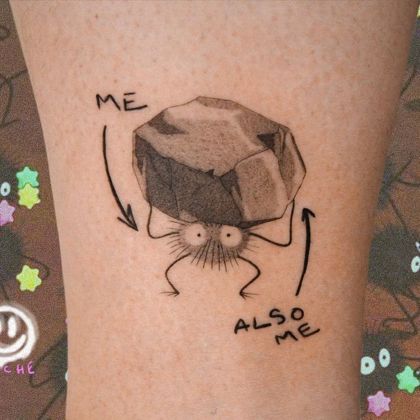 Quirky tattoo depicting inner struggles humorously