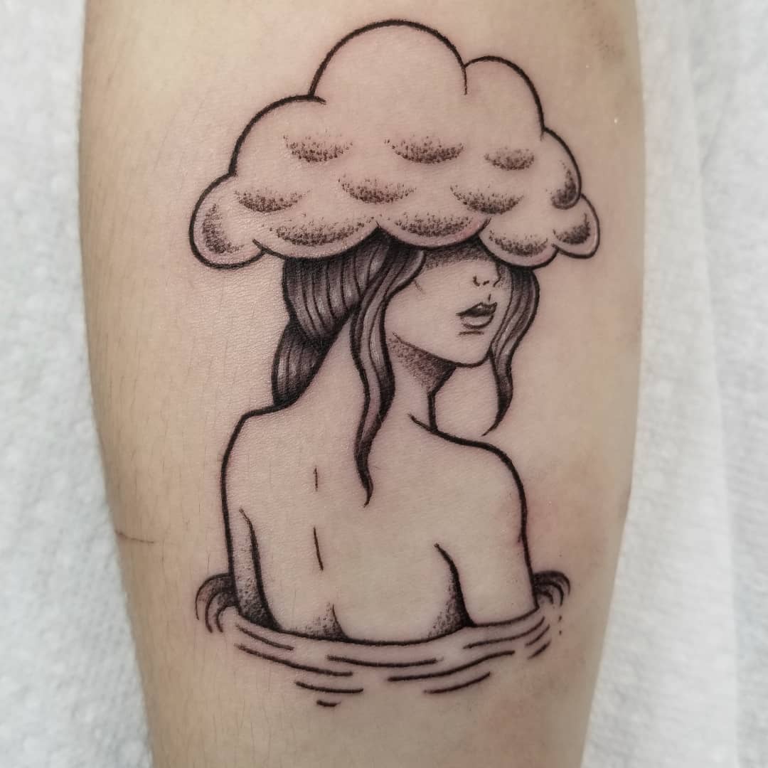 Melancholic woman with cloud and water elements