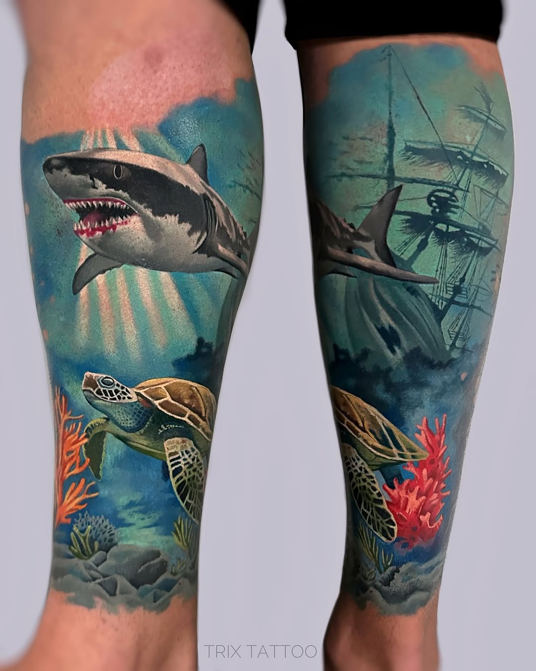 Bold shark tattoo with vibrant underwater scene