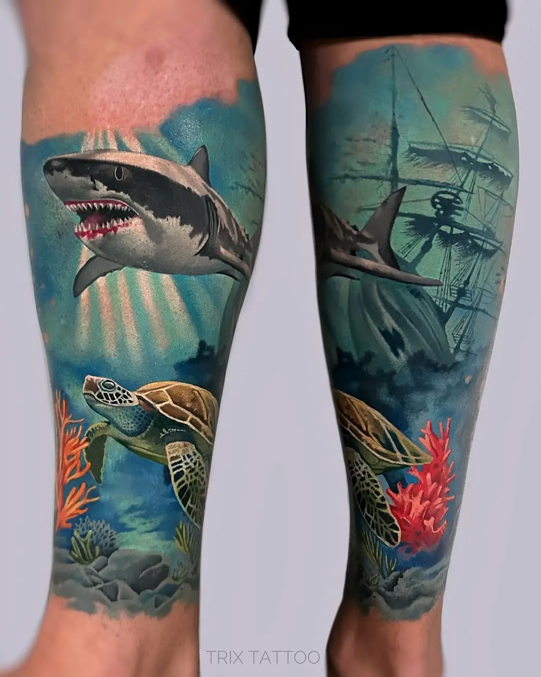 Bold shark tattoo with vibrant underwater scene