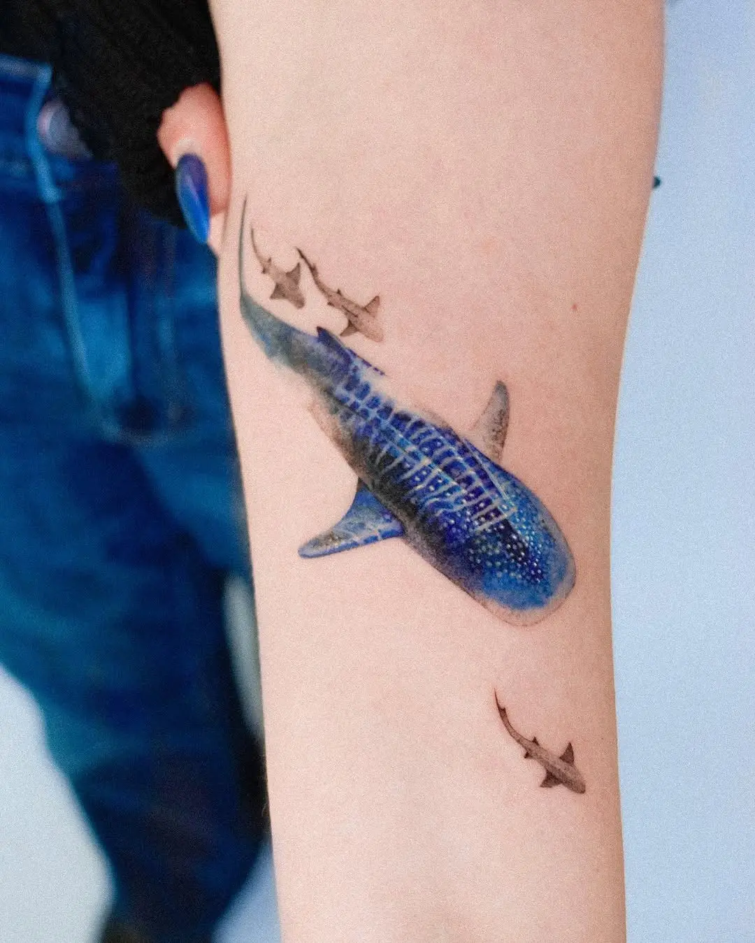 Colorful shark tattoo with smaller companions