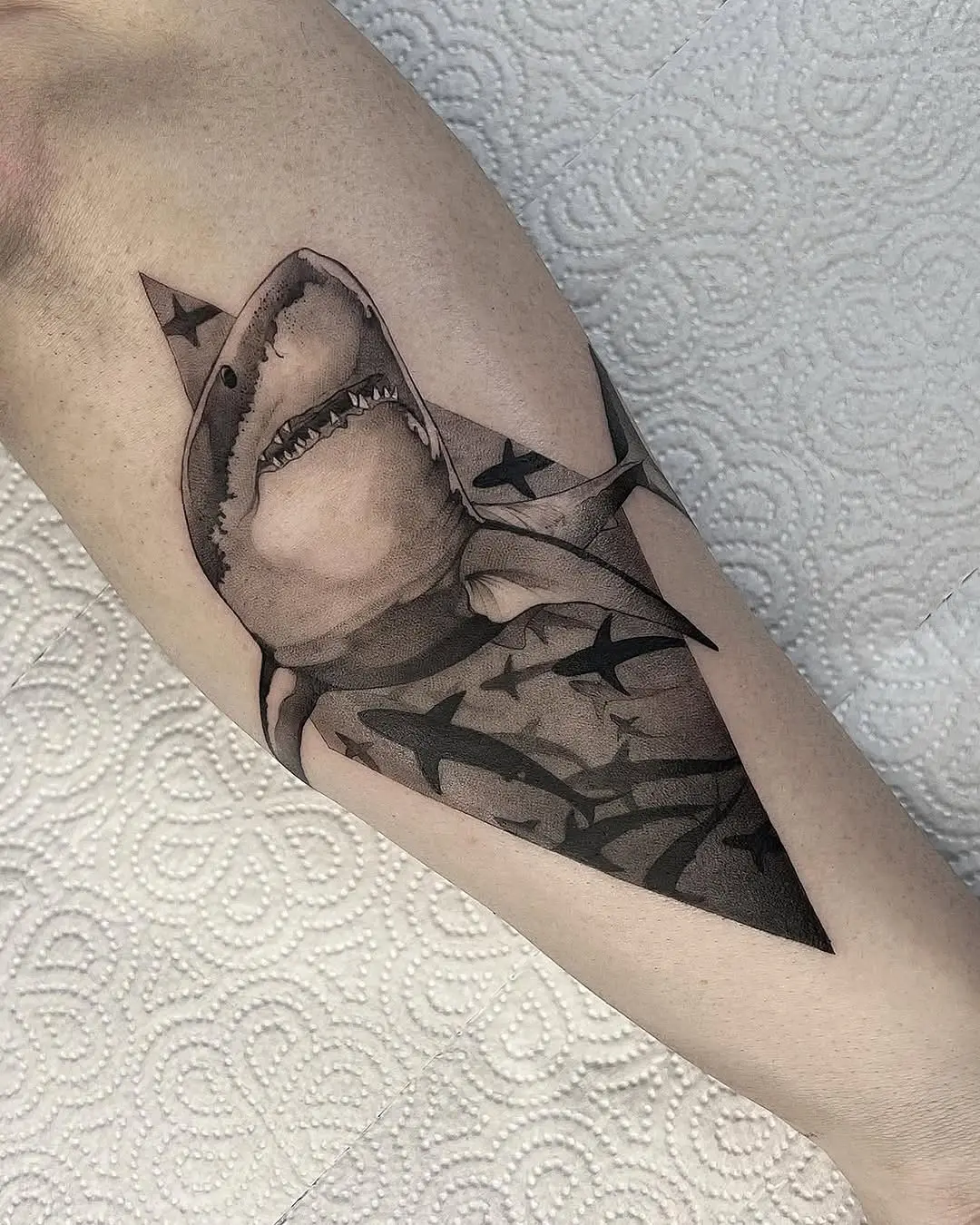Bold Shark Tattoo with Artistic Elements