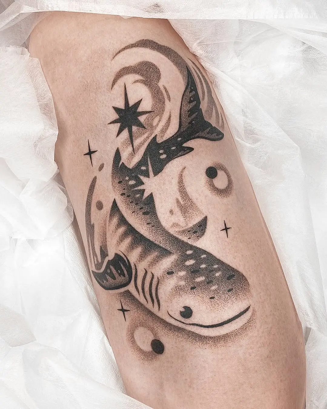 Stylish shark tattoo with cosmic elements