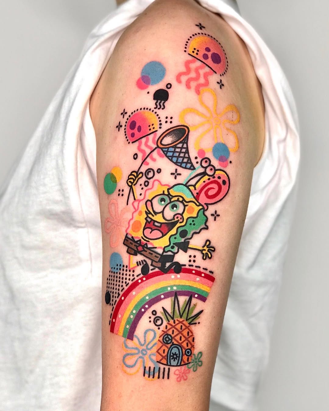 Vibrant, Playful SpongeBob Sleeve Tattoo Design