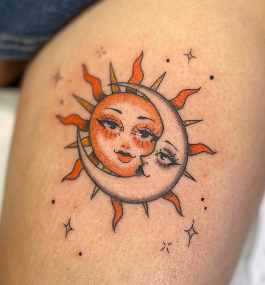 Stylish sun and moon face tattoo design