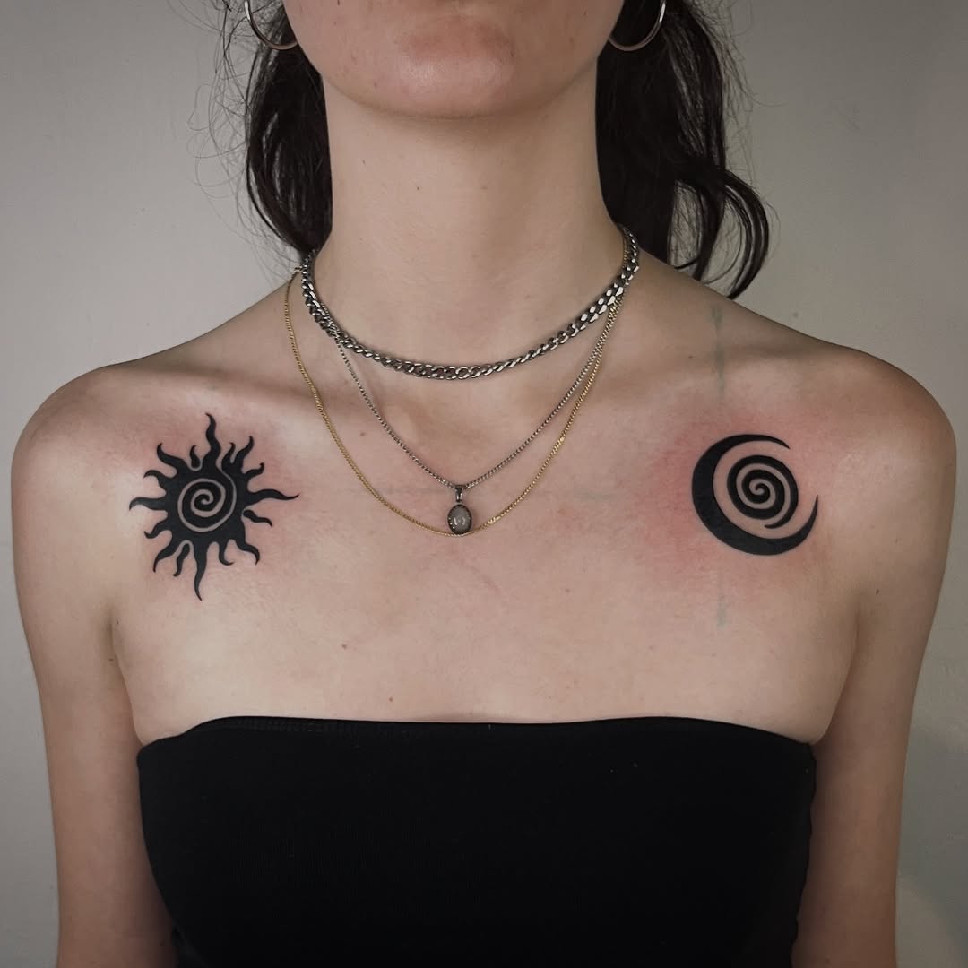 Stylish Black Ink Sun Spiral Tattoos