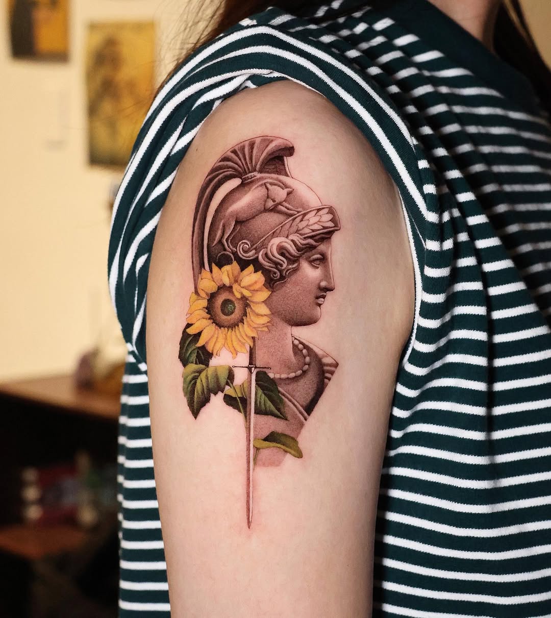 Elegant sunflower combined with a warrior's profile