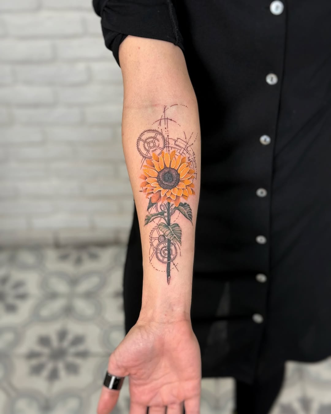 Vibrant sunflower tattoo with intricate details