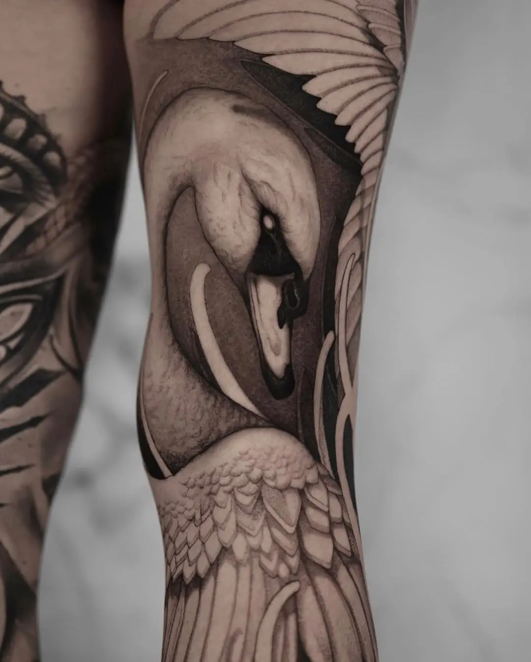 Stunning black and gray swan arm tattoo