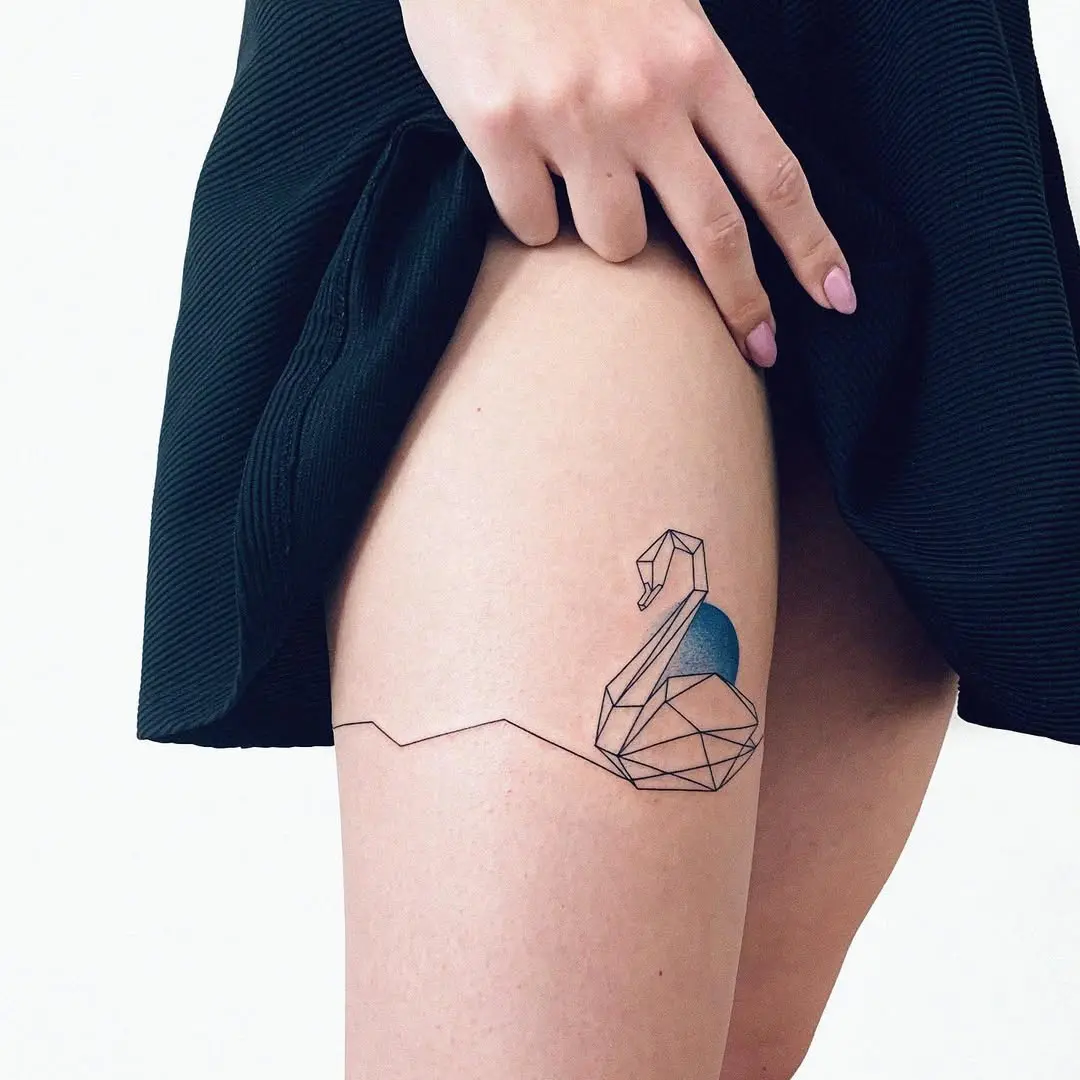 Stylish geometric swan tattoo on thigh
