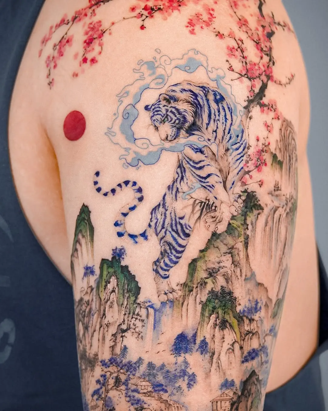 Vibrant Tiger Tattoo with Japanese Influence